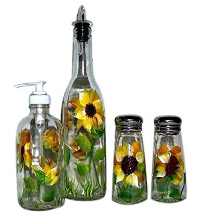 ArtisanStreet's 4-piece Hand Painted Glass Condiment Set with Sunflower Design Made to Order