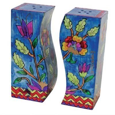 Salt and Pepper Wooden Shaker Blue Flowers Design by Yair Emanuel