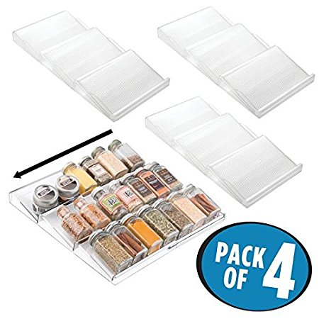 mDesign Adjustable, Expandable Spice Rack Drawer Organizer Tray Insert for Kitchen Cabinet Drawers - 3 Slanted Storage Shelves - Garlic, Onion, Cinnamon, Salt - BPA Free, Food Safe - Pack of 4, Clear