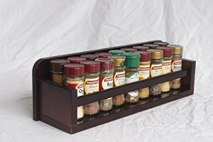 Spice Rack - Wooden - Open Top - 1 Tier - Wooden Bar - 18 Herb and Spice Jars - Black