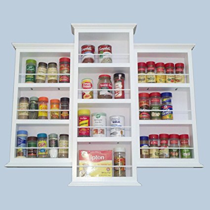 (SR-124) Wall mount or surface mounted 28 inch Kitchen Spice Rack holder, Solid Wood, accommodates multiple size bottles. Enamel finish or stain finish in your color choice, or unfinished also! (DOES NOT GO IN THE WALL)