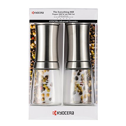 Kyocera 2-Piece Pepper, Salt, Seed and Spice Everything Mill Set with Adjustable Advanced Ceramic Grinder, Stainless Steel