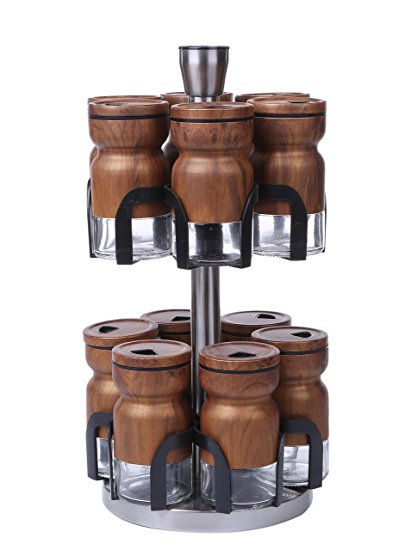 Most Unique Spice Rack Tower - Stunning Walnut wood grain look (but it's actually stainless steel)! Great gift idea for chefs! Choose from 3 exclusive colors. 12-Jar Rotating Spice Rack Organizer.