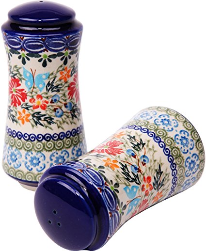 Polish Pottery Ceramika Boleslawiec, 1313/238, Salt and Pepper Milano, 4 3/4 by 2 1/4 Inches in Diameter - 9 Tablespoons Each, Royal Blue Patterns with Red Cornflower and Blue Butterflies Motif