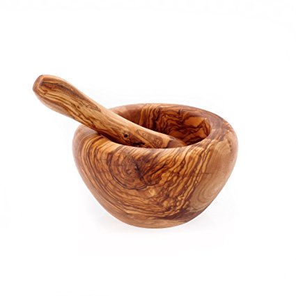 Olive Wood Mortar and Pestle or Crusher Handmade for Herbs, Nuts & Spices - Large 7 inch - 18cm