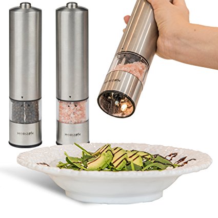 Horizon Kitchen Stainless Steel Electric Salt and Pepper Grinder Set - Pack of 2 Battery Operated Mills - Automatic Grinders with LED Light - Electronic Shakers with Adjustable Coarseness and caps