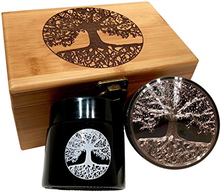 Tree of Life Stash Box COMBO - Engraved Titanium Grinder and matching Black UV Glass Stash Jar Combo (Etched Tree of Life)