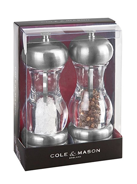 COLE & MASON Saturn Salt and Pepper Grinder Set - Stainless Steel Mills Include Gift Box, Precision Mechanisms and Premium Sea Salt and Peppercorns