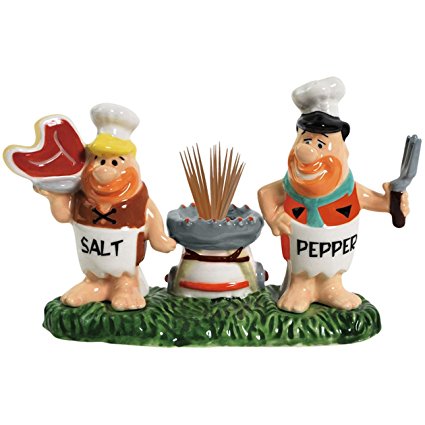 Westland Giftware Ceramic The Flintstones Chefs Fred and Barney Salt and Pepper Shaker and Toothpick Holder Set, 4.5-Inch