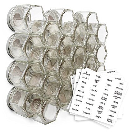 Gneiss Spice Large Empty Magnetic Spice Jars | Create a DIY Hanging Spice Rack on Your Fridge | Includes Hexagon Glass Jars, Magnetic Lids + Spice Labels (24 Large Jars, Silver Lids)