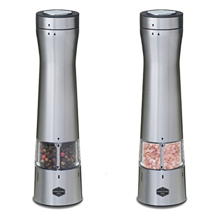 Premium Electric Pepper Grinder or Salt Mill (Set of 2) - Bottom LED Light, Adjustable Grind Coarseness, Automatic Battery Operated, One Handed Electronic, New Modern Design (2x Stainless Steel)